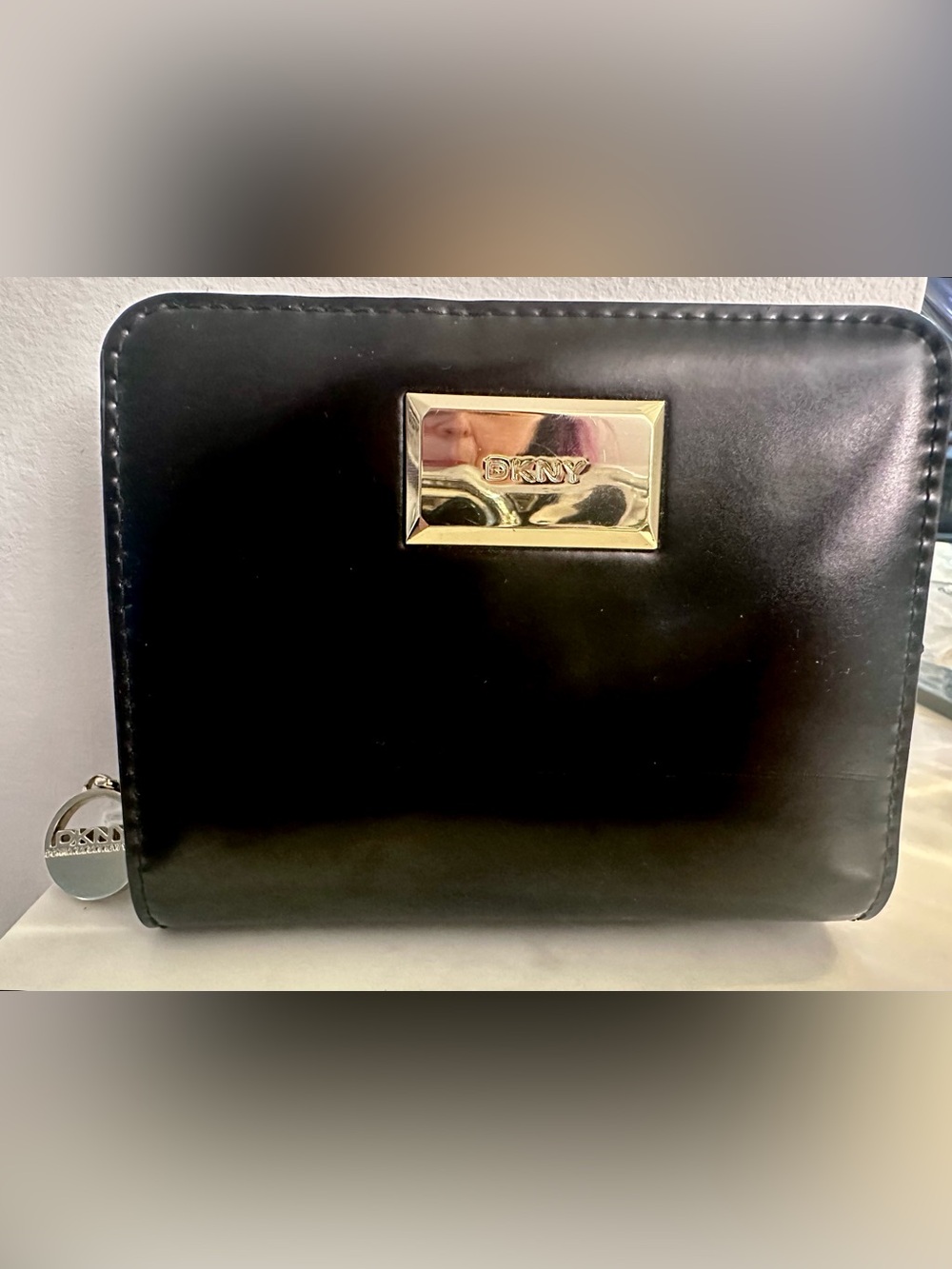 BNWT DKNY Black Patent Leather Bifold Gold Snap and Zip Wallet, Retailed $78!